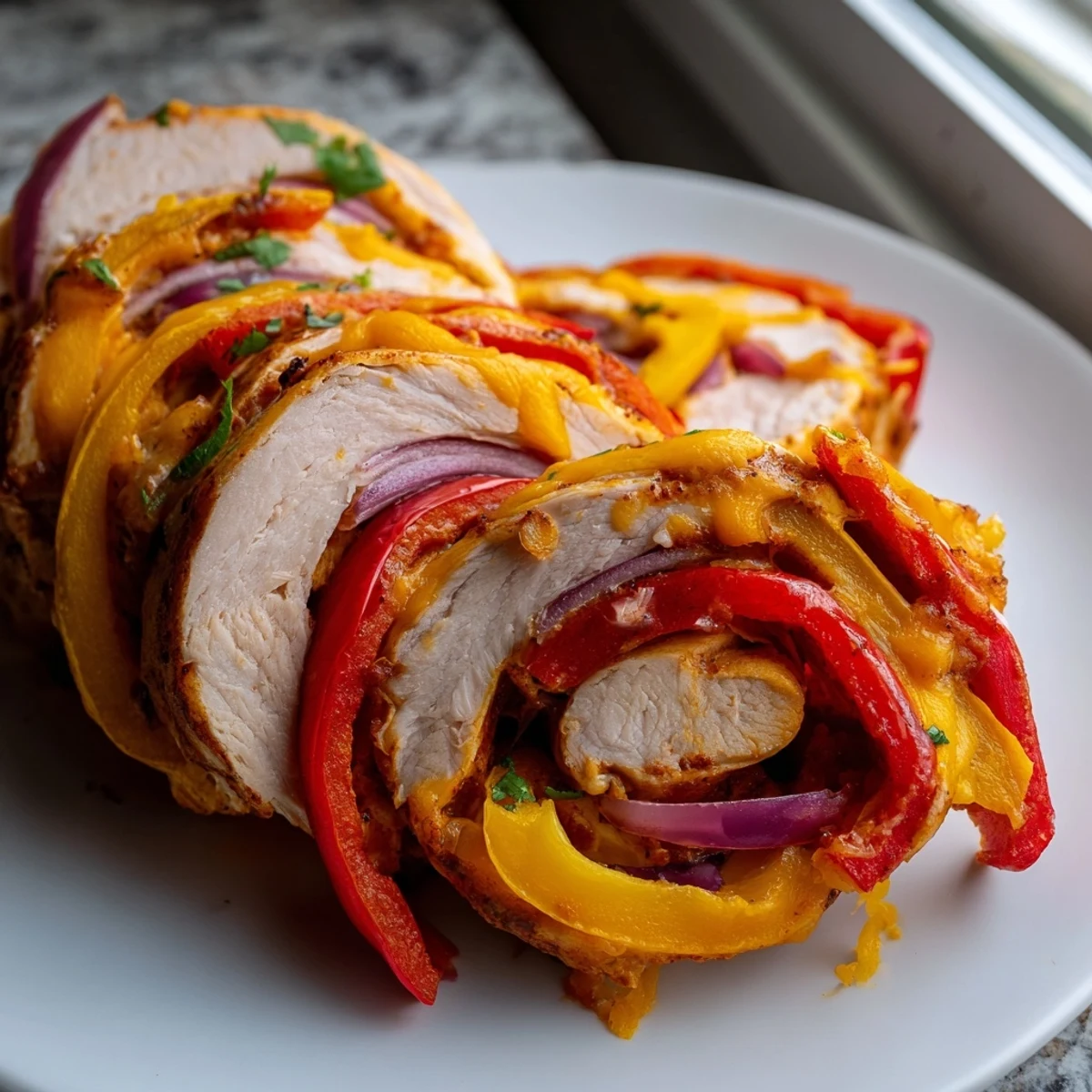 Cheesy baked chicken fajita roll ups resting in a dish beside colorful sautéed veggies