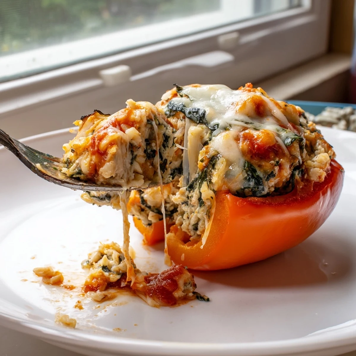 Golden baked chicken Florentine stuffed peppers with bubbling mozzarella and marinara sauce on top