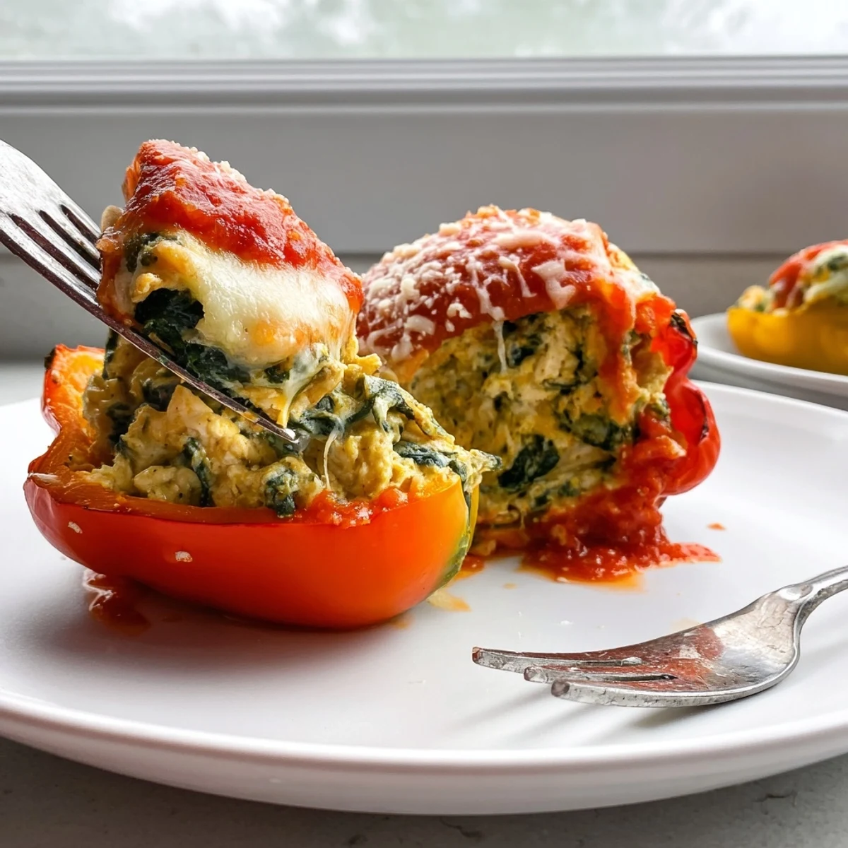 Colorful bell peppers filled with creamy chicken Florentine filling, fresh spinach, and melted cheese