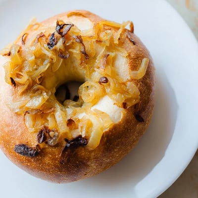 Sourdough onion bagels displayed with cream cheese schmear and fresh chives on a rustic plate.
