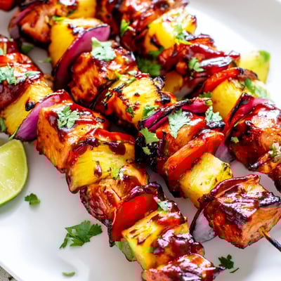A close-up shows charred Chicken and Pineapple BBQ Skewers with red bell peppers and lime wedges.