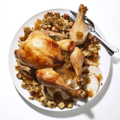 A whole roasted Cherry Roast Chicken with Sage Stuffing and Cherry Sauce carved on a wooden board, with stuffing and sauce served alongside.