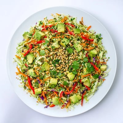 Freshly tossed Avocado Cabbage Salad in a white serving bowl, mixing green and red cabbage with julienned carrot and diced avocado.