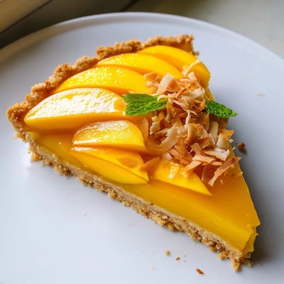 Silky golden mango curd tart crowned with fresh mango slices and toasted coconut flakes