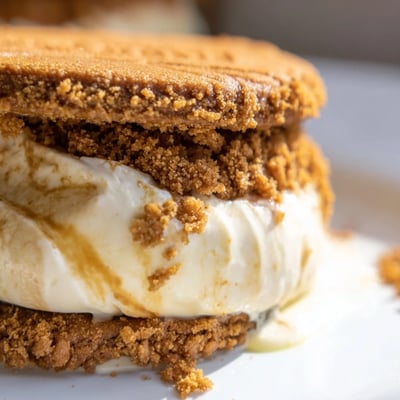 Homemade Biscoff ice cream sandwiches coated in crushed caramel cookies and ready to serve