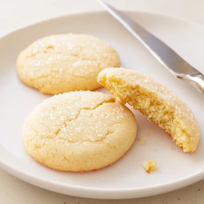 Warm buttery sugar cookies arranged on a rustic white ceramic serving plate