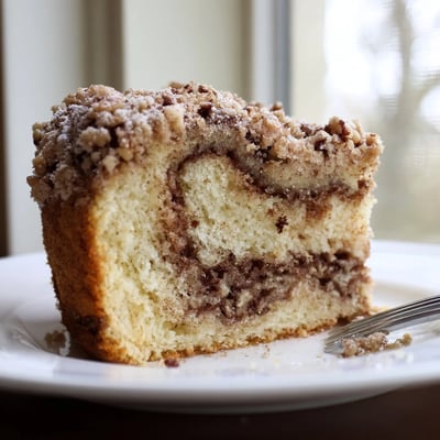 Moist cinnamon pecan crunch coffee cake sliced to reveal a sweet cinnamon sugar pecan swirl center
