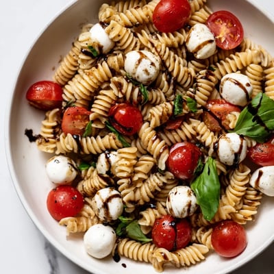 Caprese Pasta Salad drizzled with balsamic glaze in a rustic serving bowl