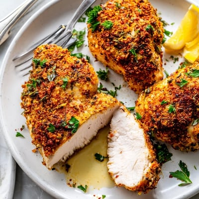 Juicy oven baked chicken breasts sliced open topped with fresh parsley and lemon